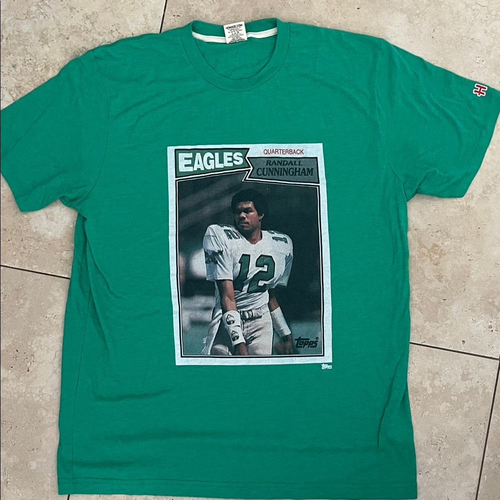 Homage Mens Topps Green Eagles Randall Cunningham Graphic Tee